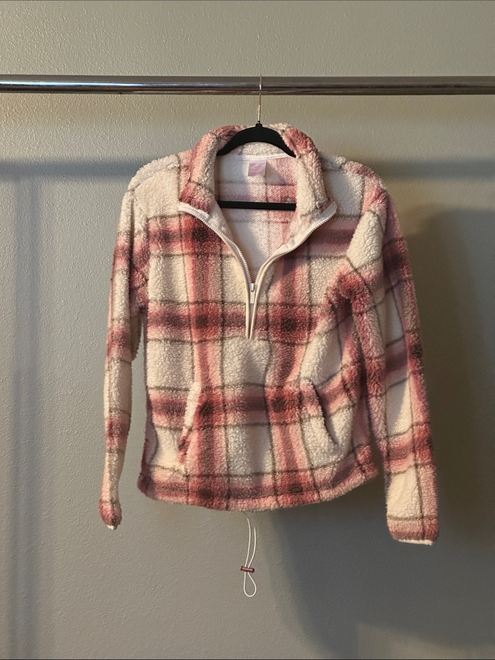 No Boundaries Cream & Pink Plaid Sherpa Quarter-Zip Jacket